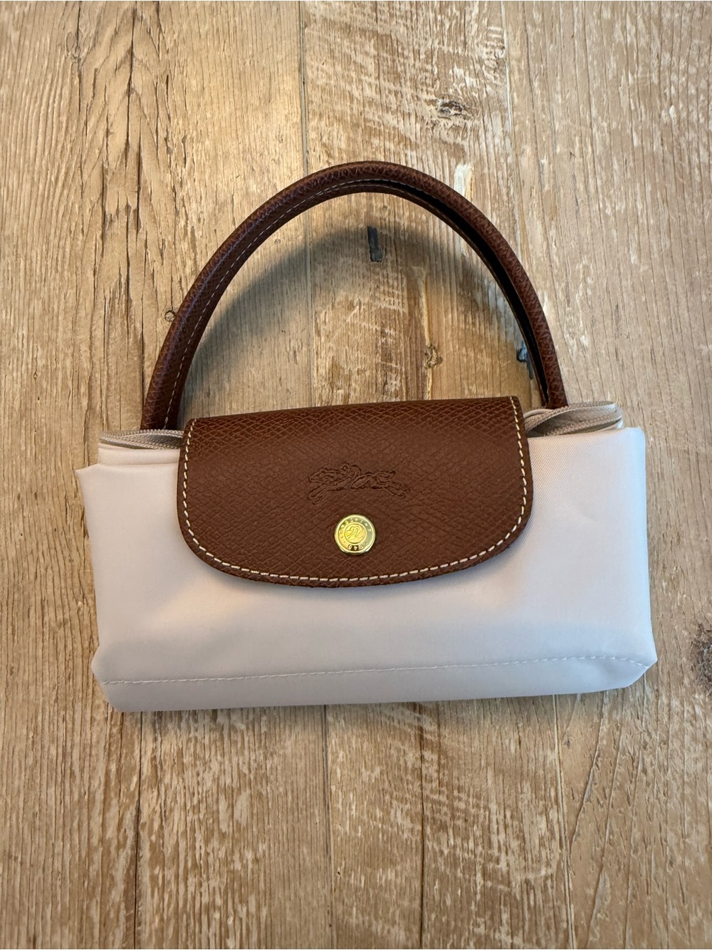 Longchamp Small Compact Women's Beige and Brown Top-Handle Fold-up Bag NWOT